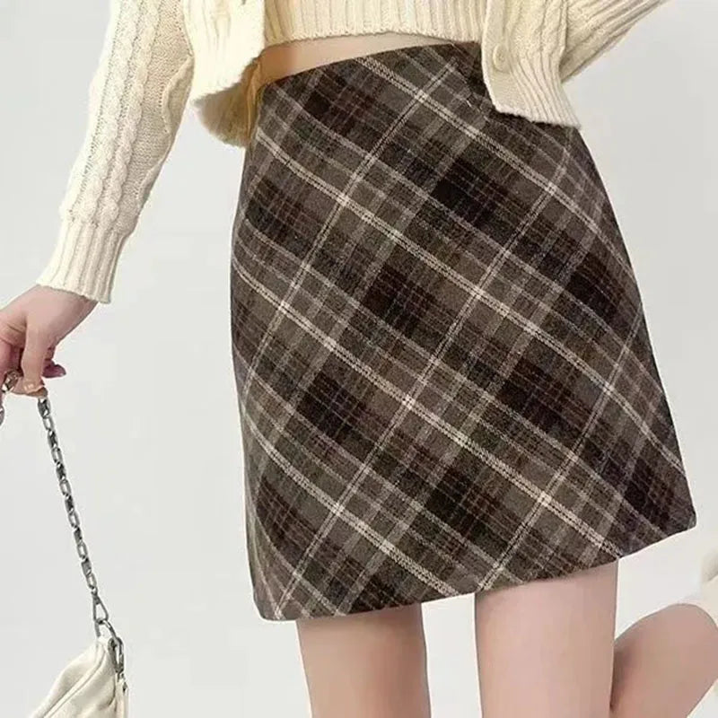 Woolen Plaid Mini Skirt  Retro High Waist A-Line  Tweed Skirt