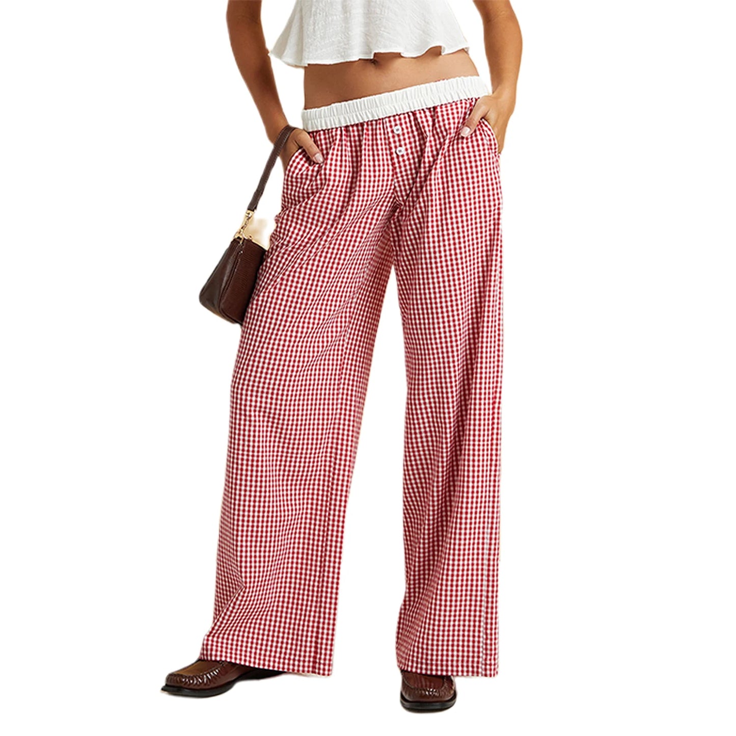 Women s Plaid Wide-Leg Pants with Button Detailing Elastic Waistband and Loose Fit for a Casual Spring Summer Look - Stylish