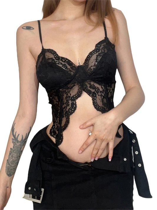 Elegant Floral Lace Sleeveless Camisole with Sheer Slit Detail  Bralette for Nightclub Party or Date Night