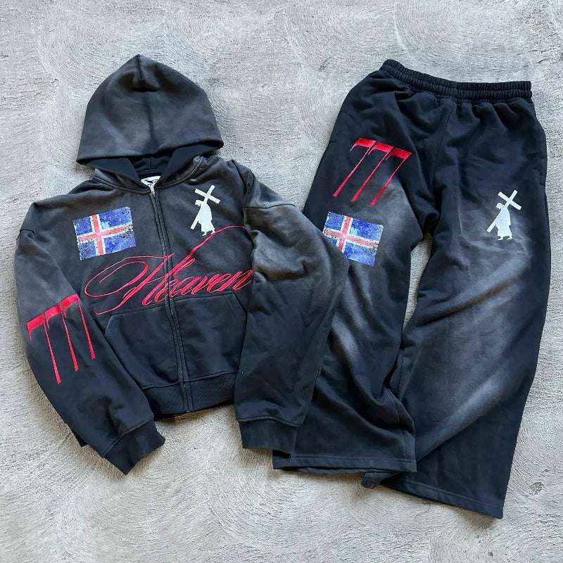 Streetwear Men's Clothing Letter Embroidered Hoodies Coat Straight Pockets Graphics Baggy Pants