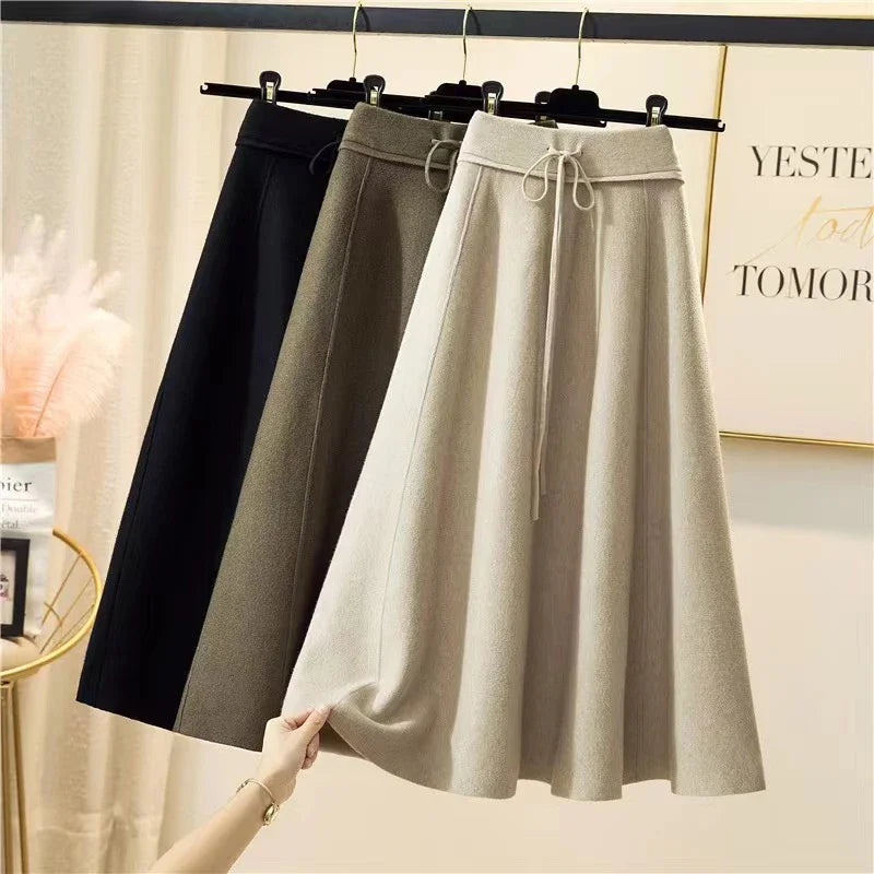 Knitted Midi High Waist Pleated A Line Skirt