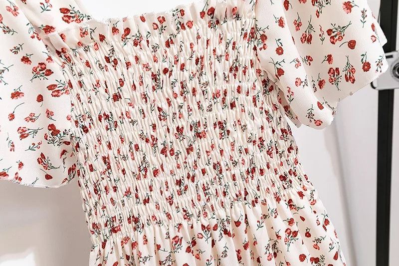 Spring Summer Chiffon Dress Women Midi Dresses Female Short Sleeve Elastic Waist Printed Floral Pleated  Casual Dress