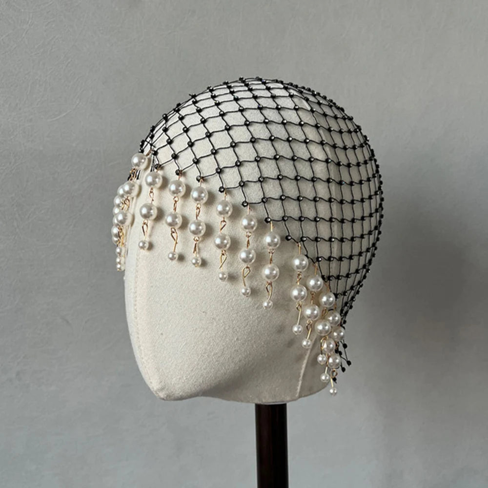 Pearl Tassel Hair Accessories  Handmade Hollowed Mesh  Head Cap