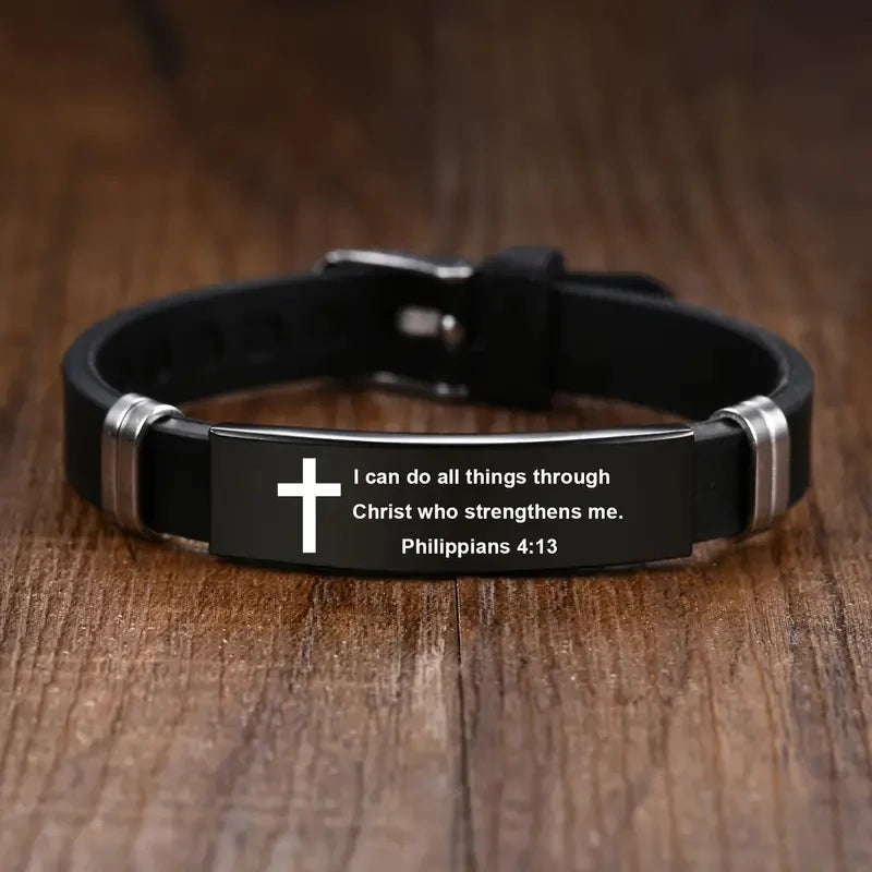 Christian Cross Bible Verse Bracelet Black Stainless Steel Inspirational Faith Bracelets For Men Women Jewelry