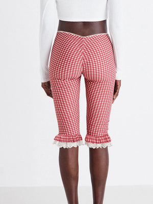 Women s Checkered Capri Pants with Lace Ruffles and Stretchy Cropped Leggings for Summer Casual Wear