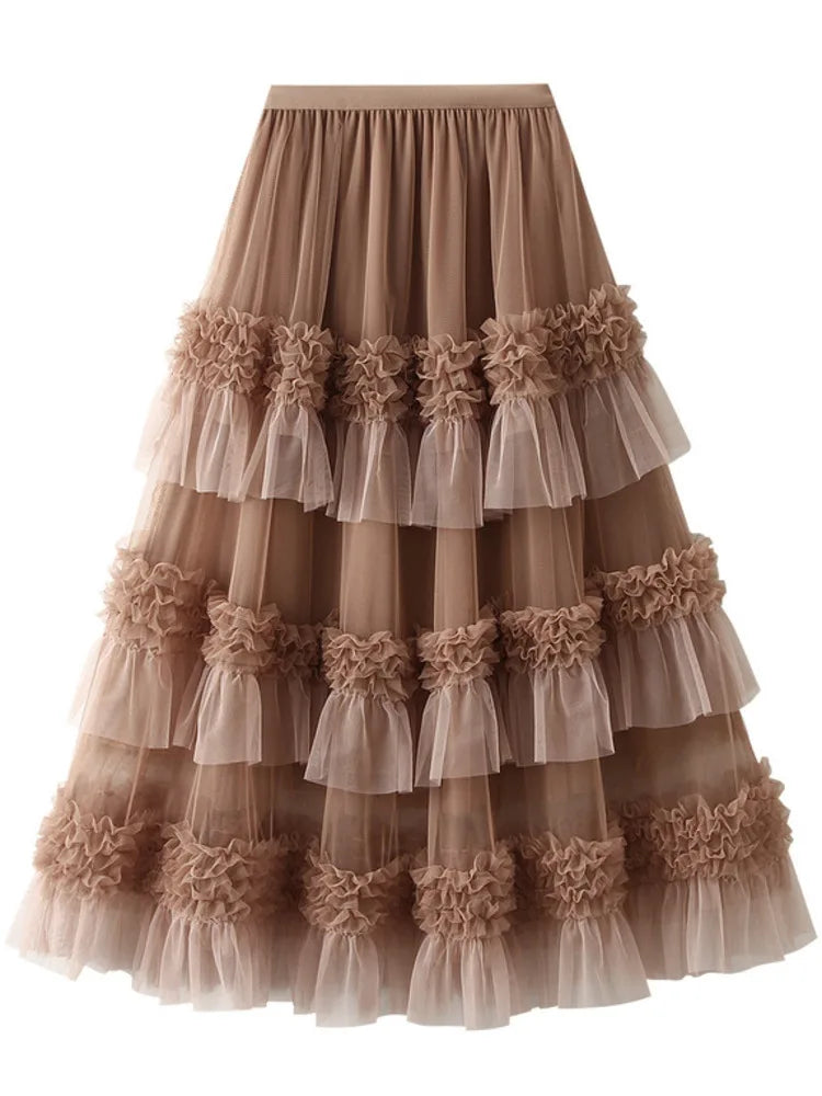 Large Swing Gauze Skirt High Waist Color Block Mesh Ruffles Layers