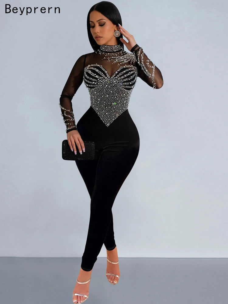 Beypern Women's Sheer Mesh Crystal Jumpsuits One Piece Outfits Glam Fitted Long Sleeve Pearls Rhinestone Rompers Club