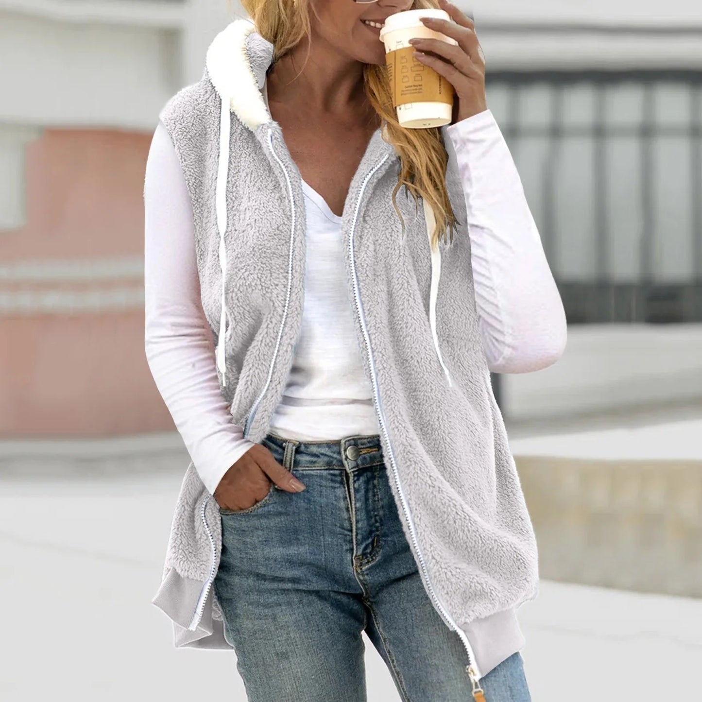 Plus Size Vests Outerwear Women Plush Sleeveless Hooded Vest Jackets Zip-Up Fleece Waistcoat