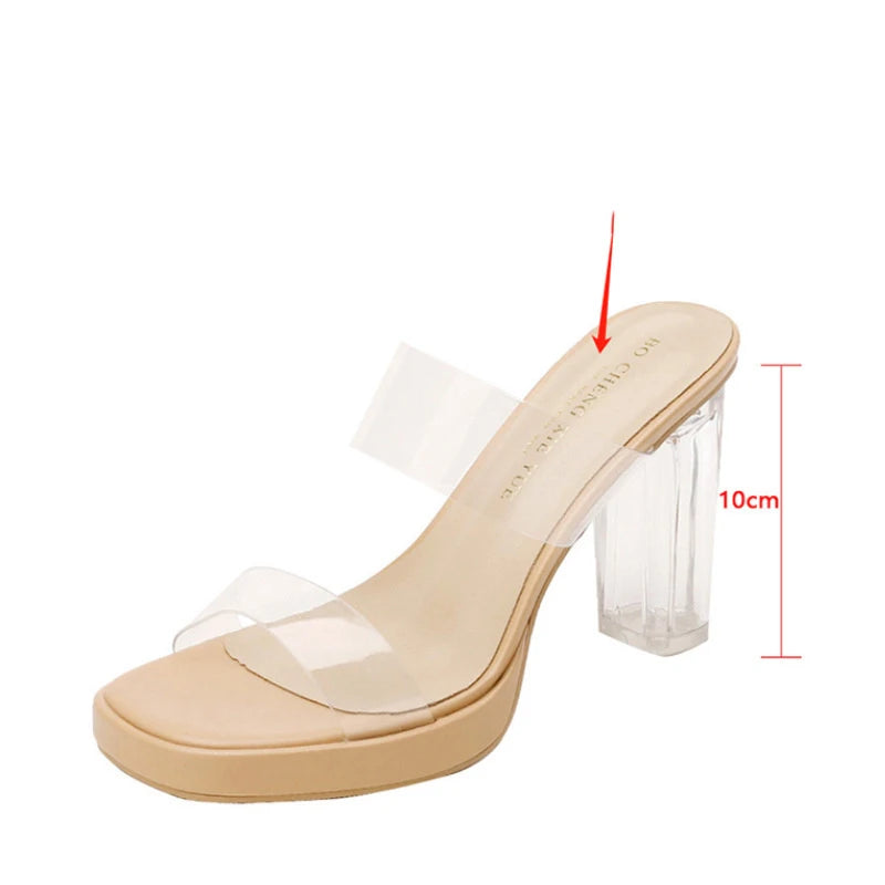 Summer Sexy Shoes Sheepskin Transparent High Heels Sandals for Outdoor Crystal Thick Heels