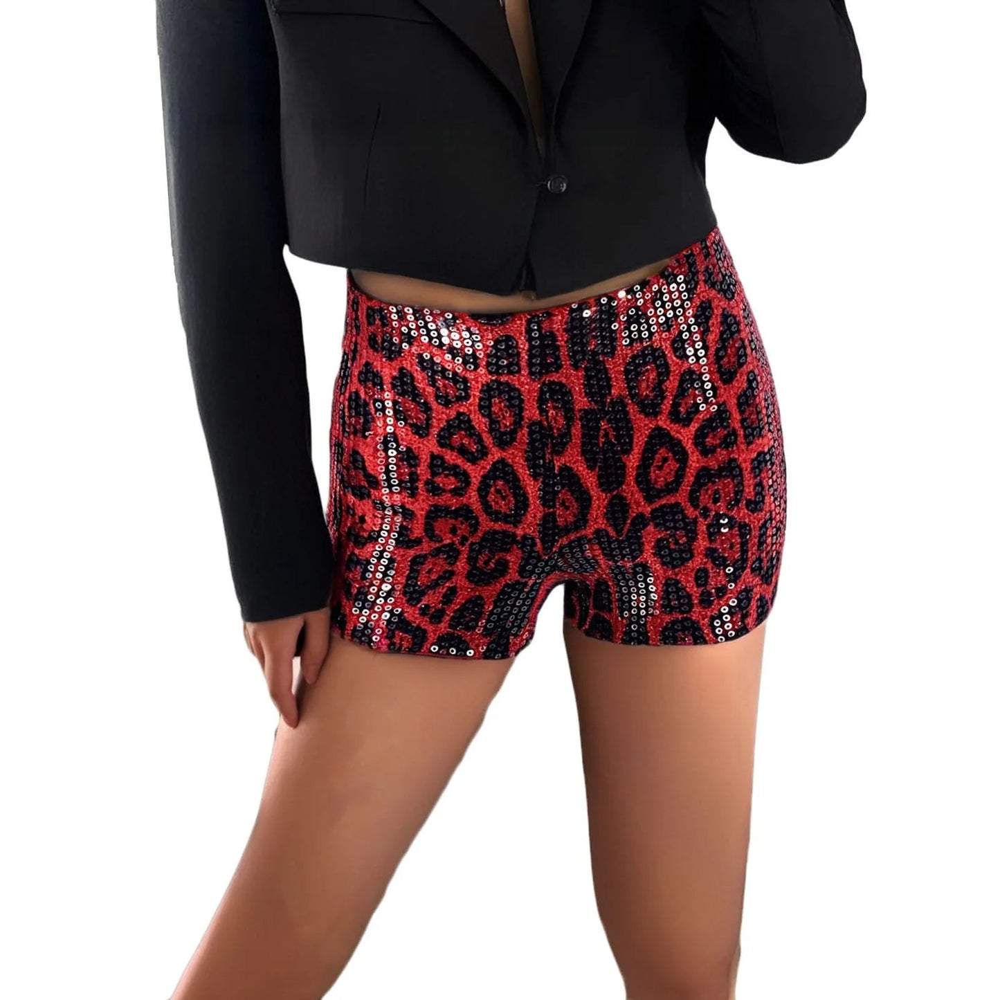 Women's Leopard Sequin Shorts Elastic Waist  Shorts Club Rave Bottoms Shorts Fashion Female Party Wear Shiny Shorts