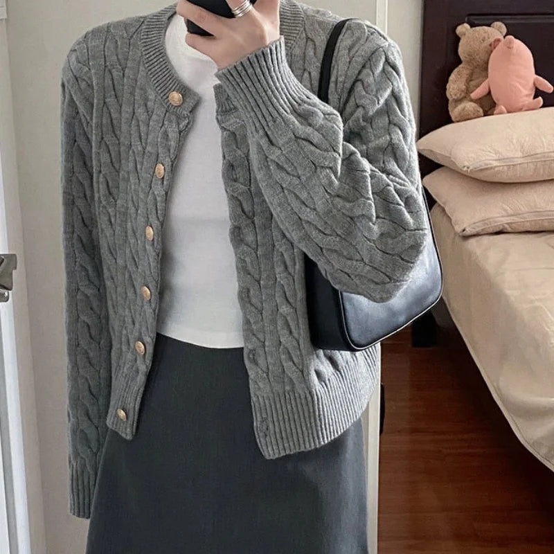 Vintage Long Sleeve Cardigan Women Sweater O-neck Elegant Knitted Top Fashion Autumn Grey Knitwear