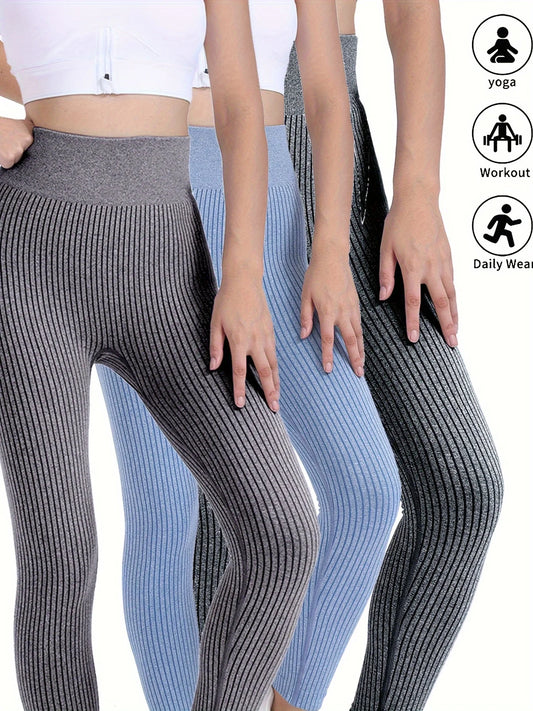 3 Pack US Women's Tummy Control High Waist Soft Workout Leggings Ribbed Seamless Workout Athletic Exercise Leggings