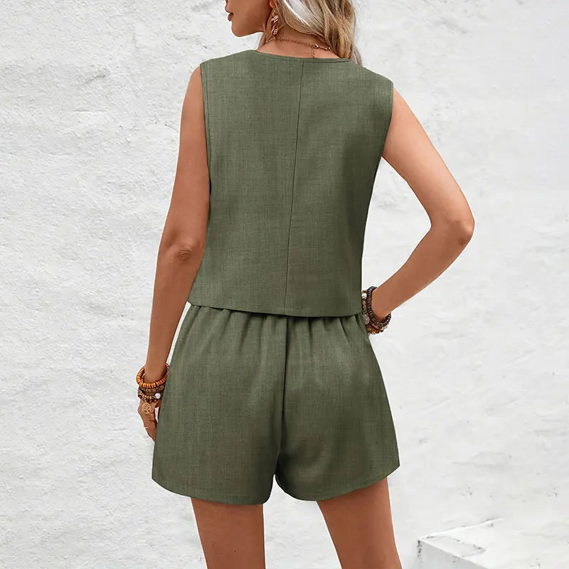 Women Elegant Solid Waistcoat Shorts Set Sleeveless Vest Top High Waist Slim Shorts Lady Office Casual 2 Pieces Set