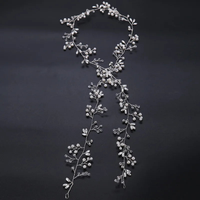 35/50cm Long Handmade Crystal Pearl Hair Band Headdress Wedding Hair Accessories Beads Headband Jewelry Fashion Headdress