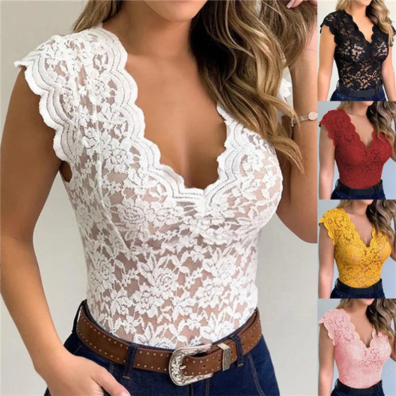 Women Tops Summer Sexy Lace Crochet  Casual Solid Color Trend Lace Hollow Out Top For Ladies