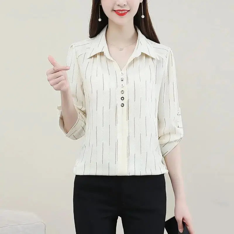 Spring Summer  3/4 Sleeve Loose Polo Neck Striped Button Shirt Vintage