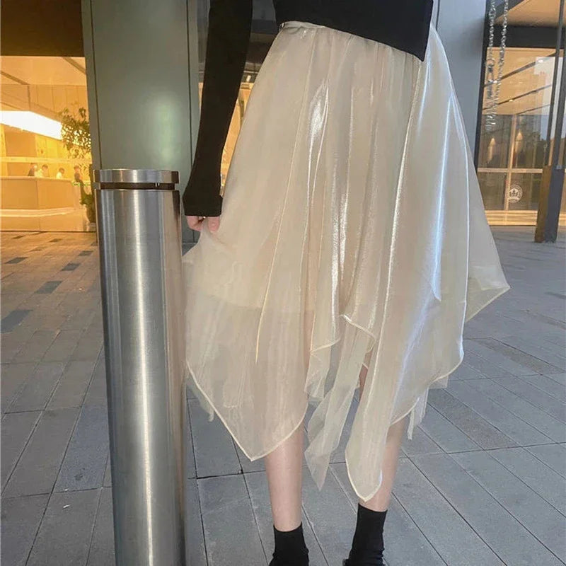 Gothic High Waist Asymmetrical Mesh A Line Midi Skirt