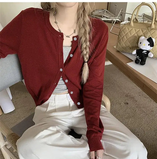 Cardigan Knit Early Autumn Women Clothes Outdoor Crop Sweater Outerwear Long Sleeve Top