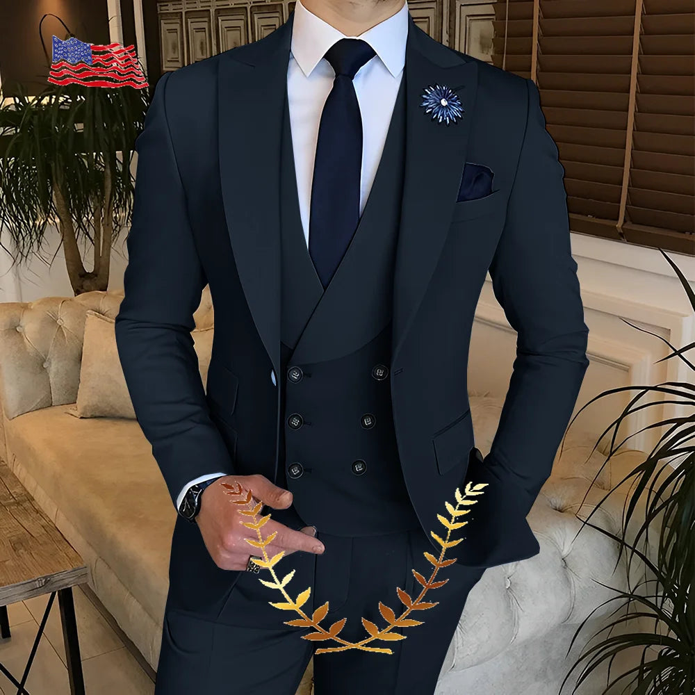 Men's Suit Jacket Pants Vest 3-piece Set Slim Fit Handsome Men Blazer for Party