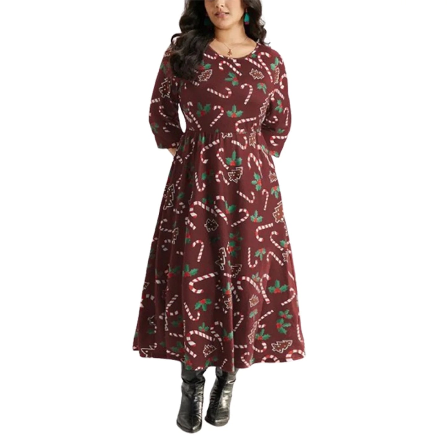 Women Plus Size Dress Candy Cane Print O-Neck  3/4 Sleeve Maxi Dress Winter Elegant Christmas Party Dress for Curvy Ladies