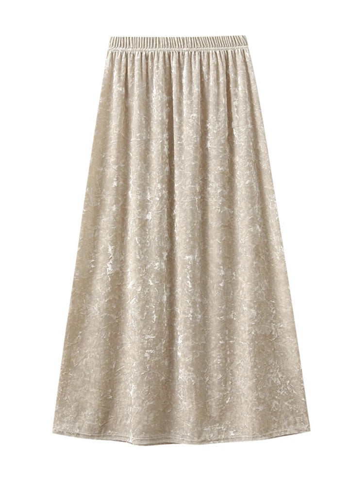 Elegant Velvet Party Women's Skirt Elastic High Waist A-line  Loose Long