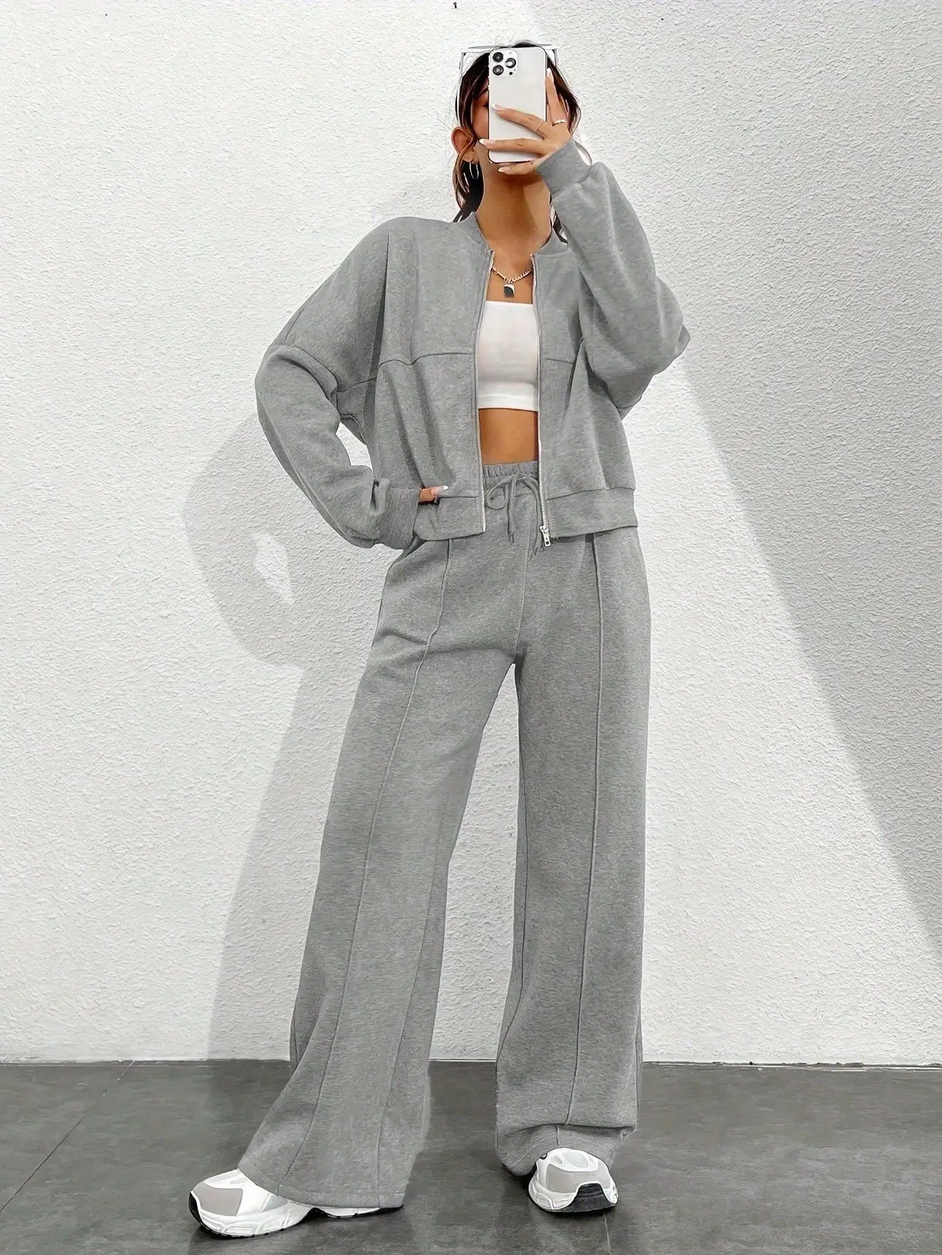 Solid Color Casual Sports Suit Long Sleeved Stand Up Collar Zipper Top and Wide Leg Pants Two-piece Set