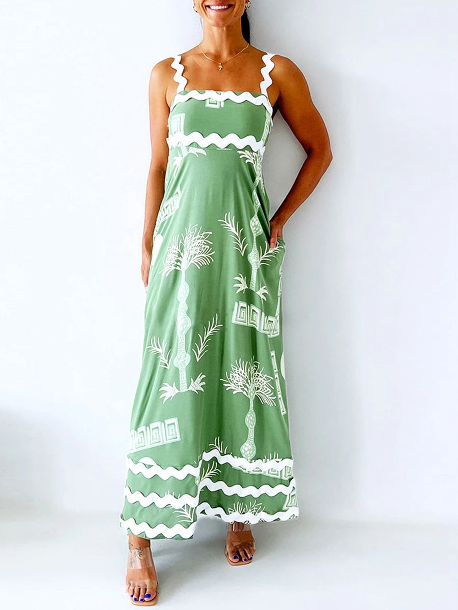 Floral Print Spaghetti Strap Maxi Dress with Side Slits and Adjustable Waist Tie