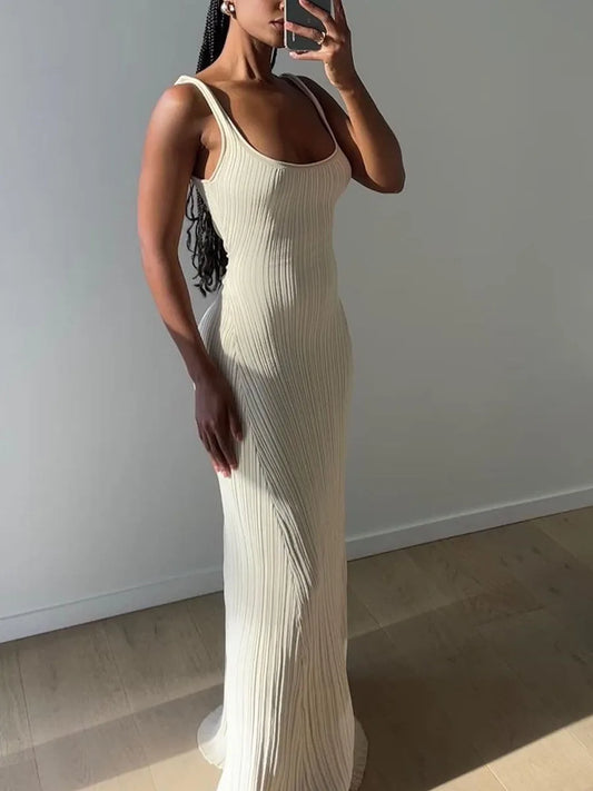 Knit Tank Dress Casual Summer Sleeveless U-Neck Long Dress for Cocktail Beach Club Streetwear
