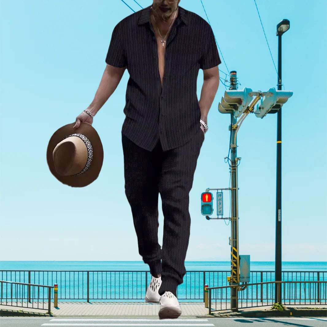 Ultra-thin Ultra-light Summer Men's Shirt Casual Loose Short Sleeve + Trousers Beach Suit Surf Casual Solid Color Lapel Suit