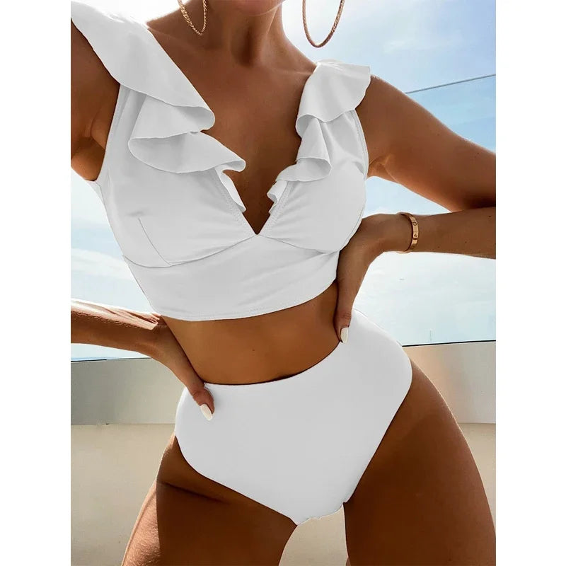 Solid Color  V-neck Ruffle Bikini  Women 2 Piece Swimwear Push Up Padded High Waist Swimsuit