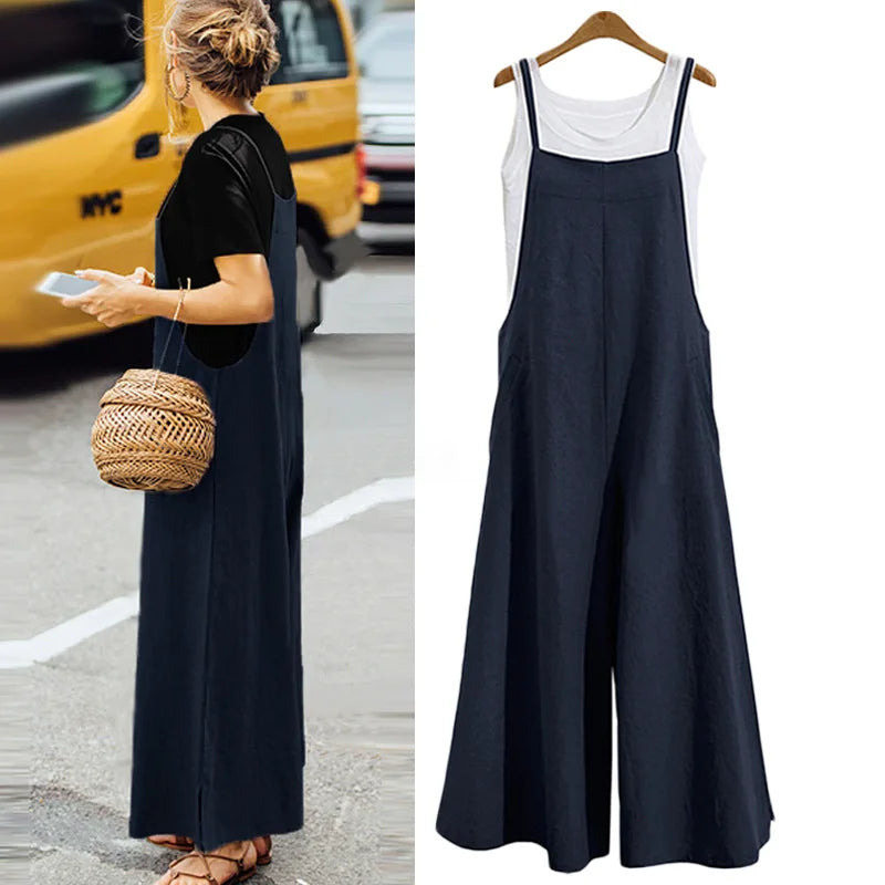 Women's Straps Jumpsuit Summer Solid Color Wide Leg Pants Dungaree Bib Overalls Casual Loose Sleeveless Cotton Linen Jumpsuits