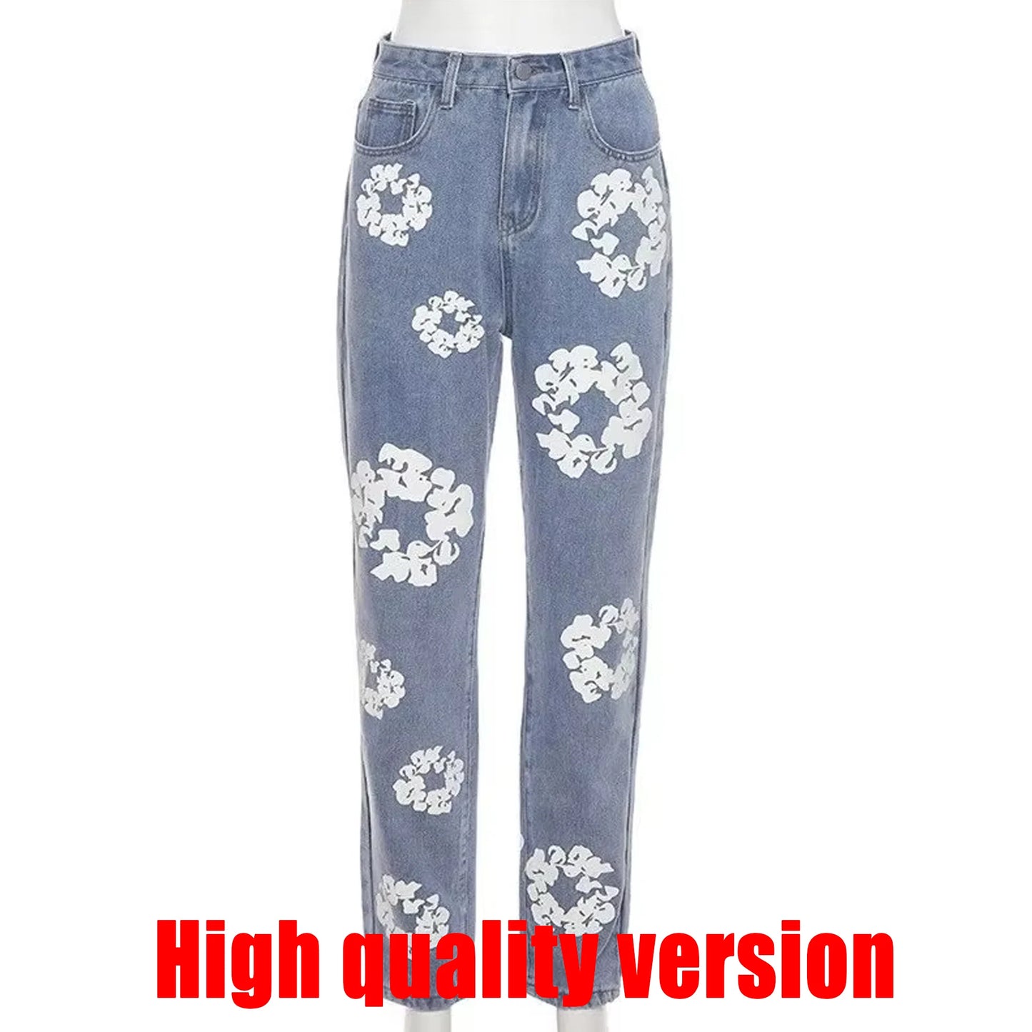 Women Jeans Denim Pants Fall Winter Casual Aesthetic Flower Print Jeans  High Waist Fashion