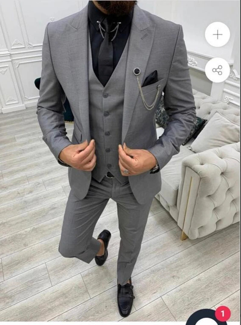Solid Men Suits 3 Piece Formal Male Suits Fashion Clothing Set Jacket with Pants and Vest