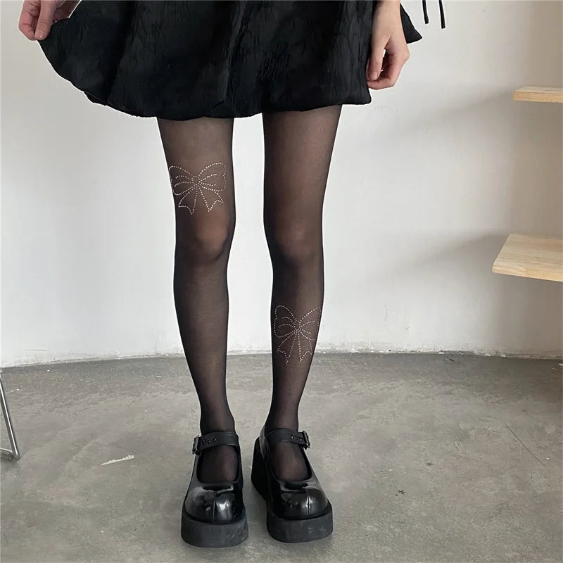 Rhinestone Embellished High Waist Sheer Mesh Tights with Soft Silk Stockings for a Glamorous Look