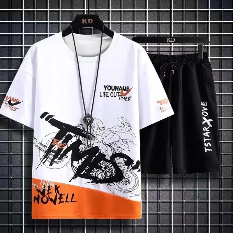 Men's Sets Summer Fashion T Shirts Casual Polyester Gradient Shorts Set Men's Sporty Two-piece Outfit Basketball Tracksuits