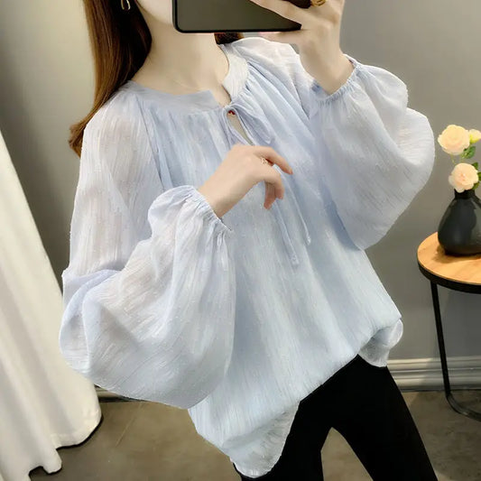 Stylish Solid Color O-Neck All-match Lace Up Chiffon Blouse