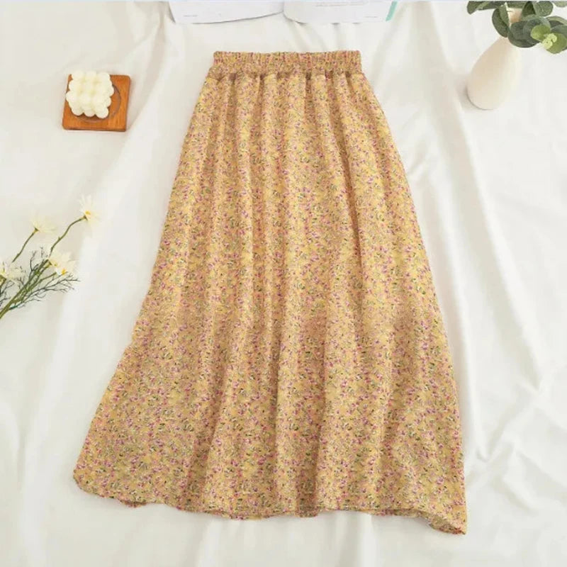 Chiffon Midi Skirt Floral Loose High Waist  Casual  A Line