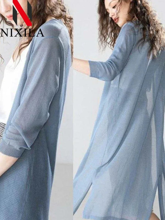 Summer Knit Long Sleeve Elegant Jacket Hollow Cardigan Thin Ice Silk Sun Protection Shirt Vacation Coat for Women