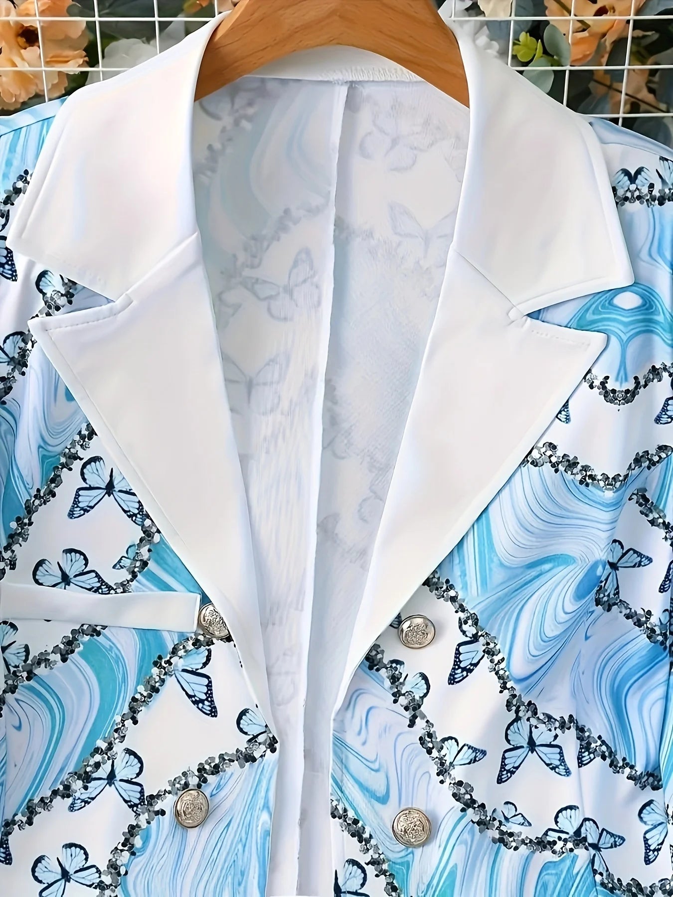 Ladies' Elegant Butterfly Print Two-Piece Set, Long Sleeved Lapel Suit Jacket and Slim Fit Pants, Suitable for Office and Work