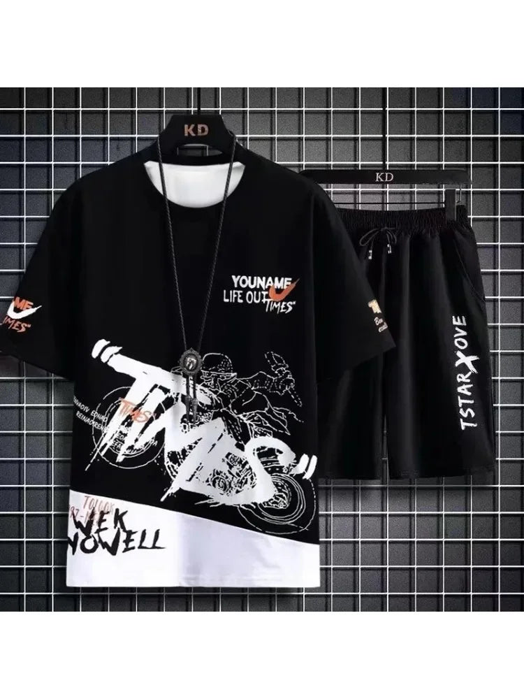 Men's Sets Summer Fashion T Shirts Casual Polyester Gradient Shorts Set Men's Sporty Two-piece Outfit Basketball Tracksuits