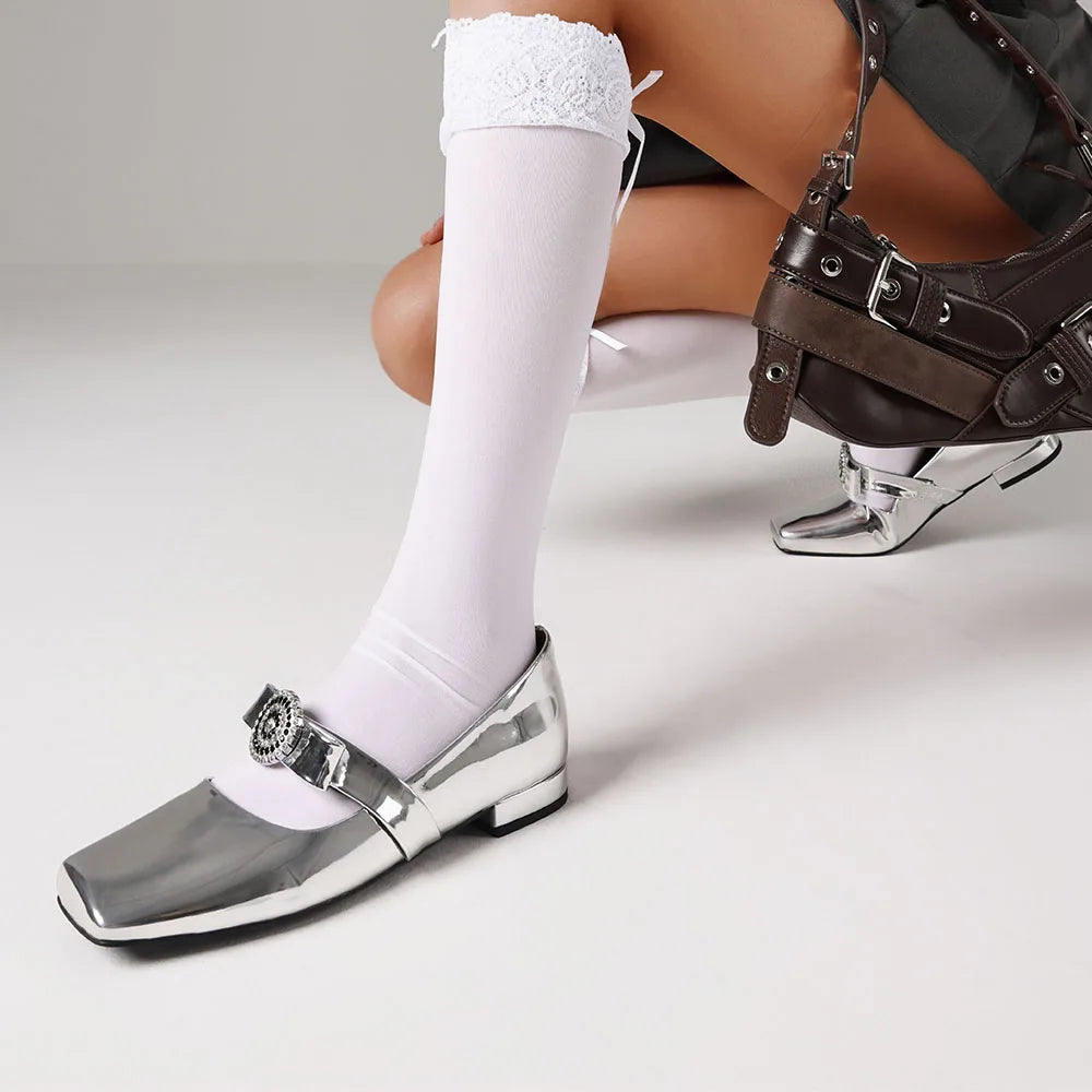 Rhinestone Mary Janes Flats For Women Low Heel Square Toe Shallow Shoes