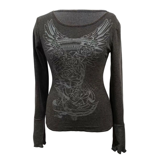 Graphic T Shirt Vintage Fairy Grunge Floral Wings Print Long Sleeve Tops  Women Clothes Basic