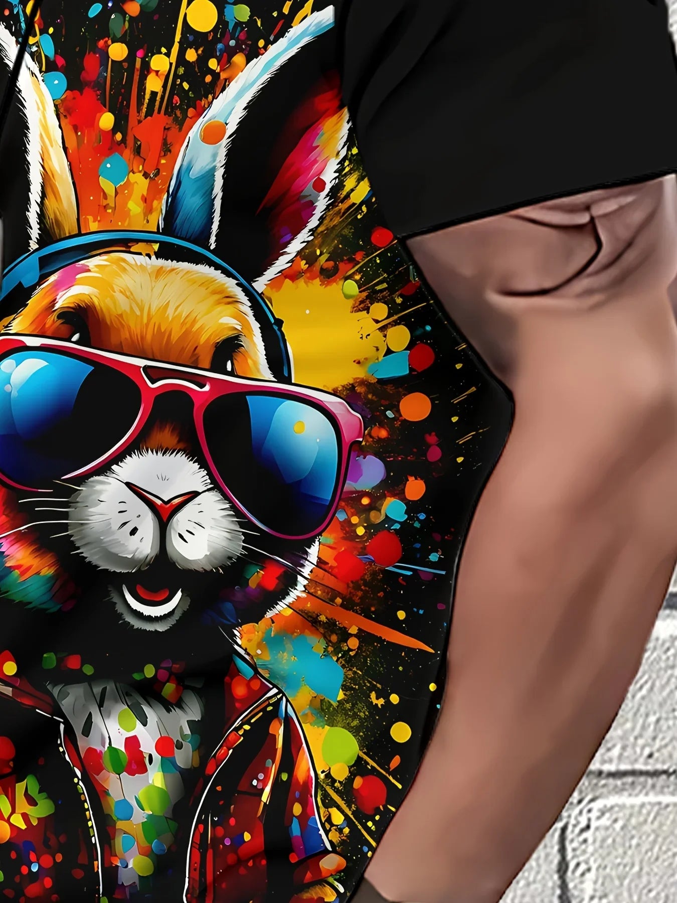Men's Summer Casual Sports Suit 3D Cool Headphones Rabbit Print Crew Neck T-Shirt and Shorts