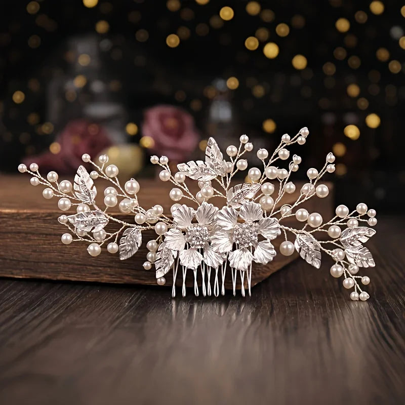 Silver Color Flower Pearl Rhinestone Hair Comb Headband Hair Accessories For Women  Headband Hair Jewelry