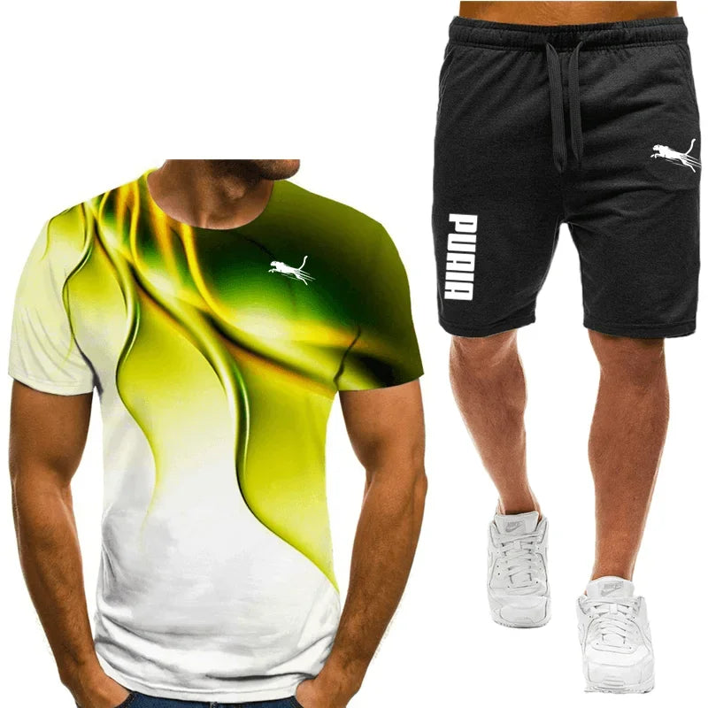 Two piece animal pattern printed men's suit summer casual daily men's short sleeved T-shirt outdoor street men's sports shorts