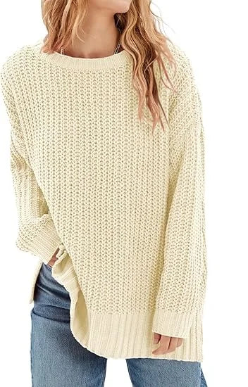 Womens Solid Knit Sweaters Oversized Crew Neck Long Sleeve Slouchy Ribbed Knitwear