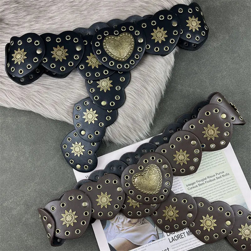 American retro Western cowboy style heart belt decoration  street style fashion metal rivet belt width