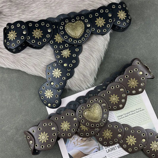 American retro Western cowboy style heart belt decoration  street style fashion metal rivet belt width
