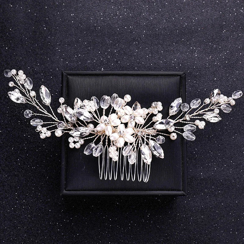 Handmade Silver Crystal Flower Hair Comb Pearl Rhinestone Flower Hair Combs For Women  Hair Jewelry Wedding Hair Accessorie