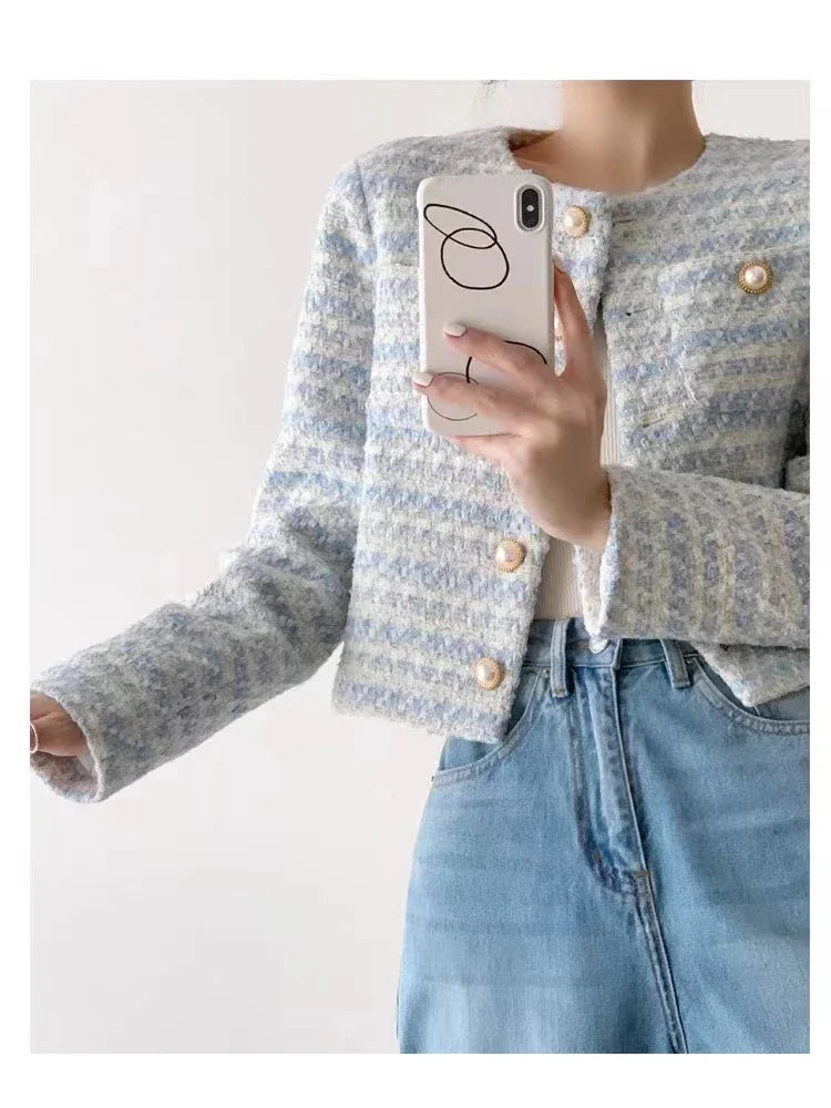 Women's Elegant  Tweed Cardigan Short Coat With Pocket Single Breasted Jacket For Women Loose Outerwear